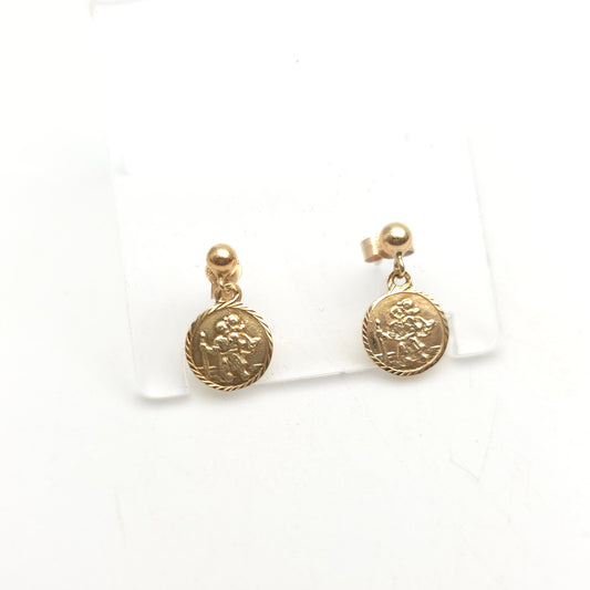 9ct Yellow Gold Small St. Christopher Dangle / Drop Stud Earrings