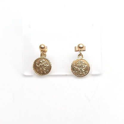 9ct Yellow Gold Small St. Christopher Dangle / Drop Stud Earrings