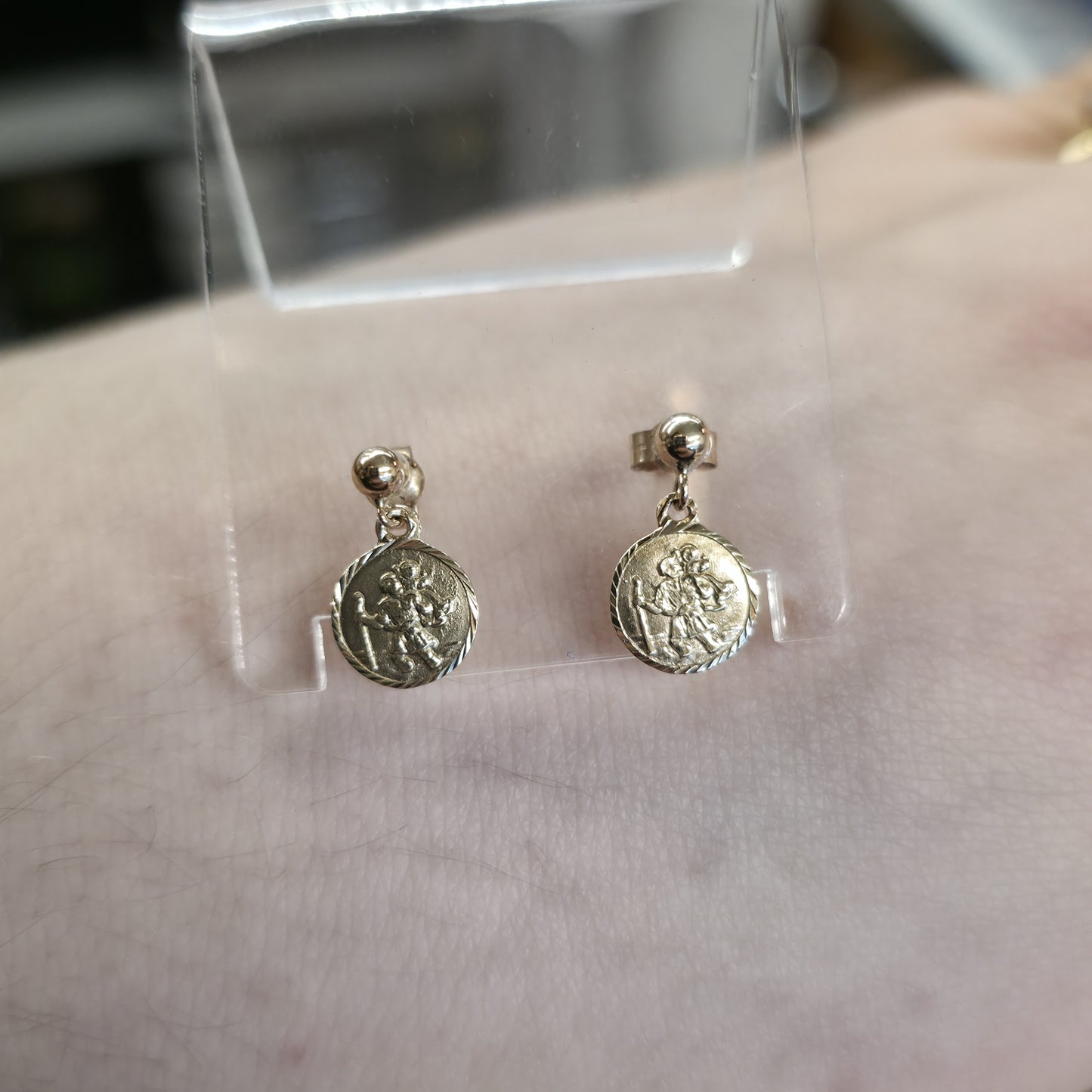 9ct Yellow Gold Small St. Christopher Dangle / Drop Stud Earrings