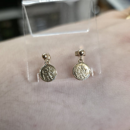 9ct Yellow Gold Small St. Christopher Dangle / Drop Stud Earrings