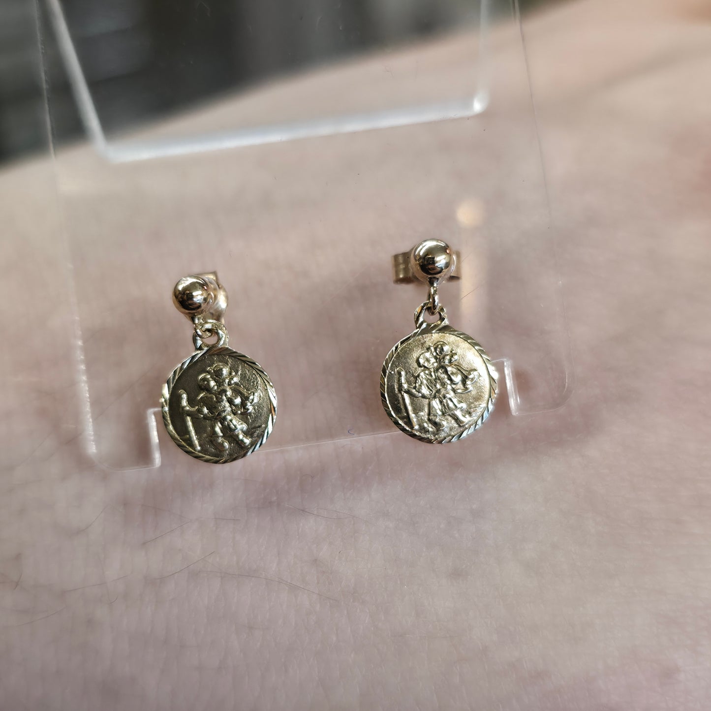 9ct Yellow Gold Small St. Christopher Dangle / Drop Stud Earrings