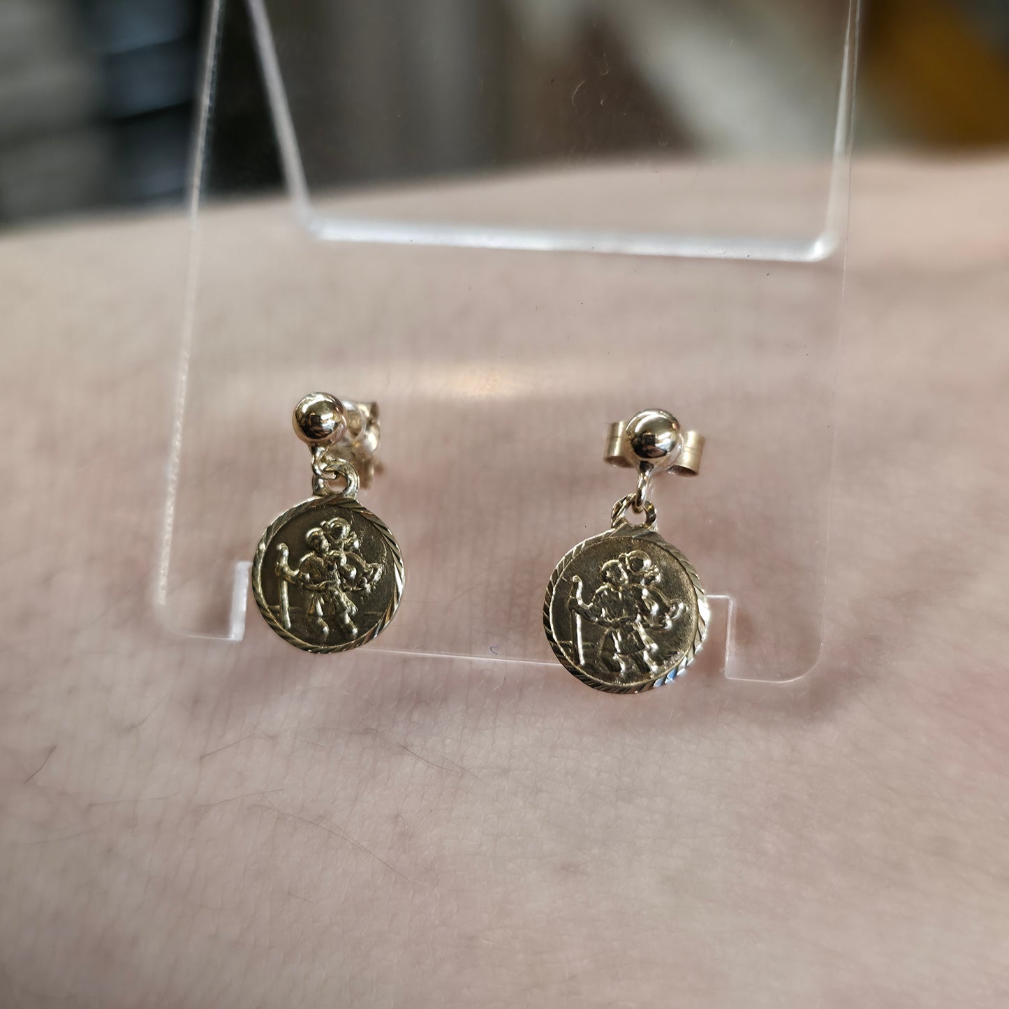 9ct Yellow Gold Small St. Christopher Dangle / Drop Stud Earrings
