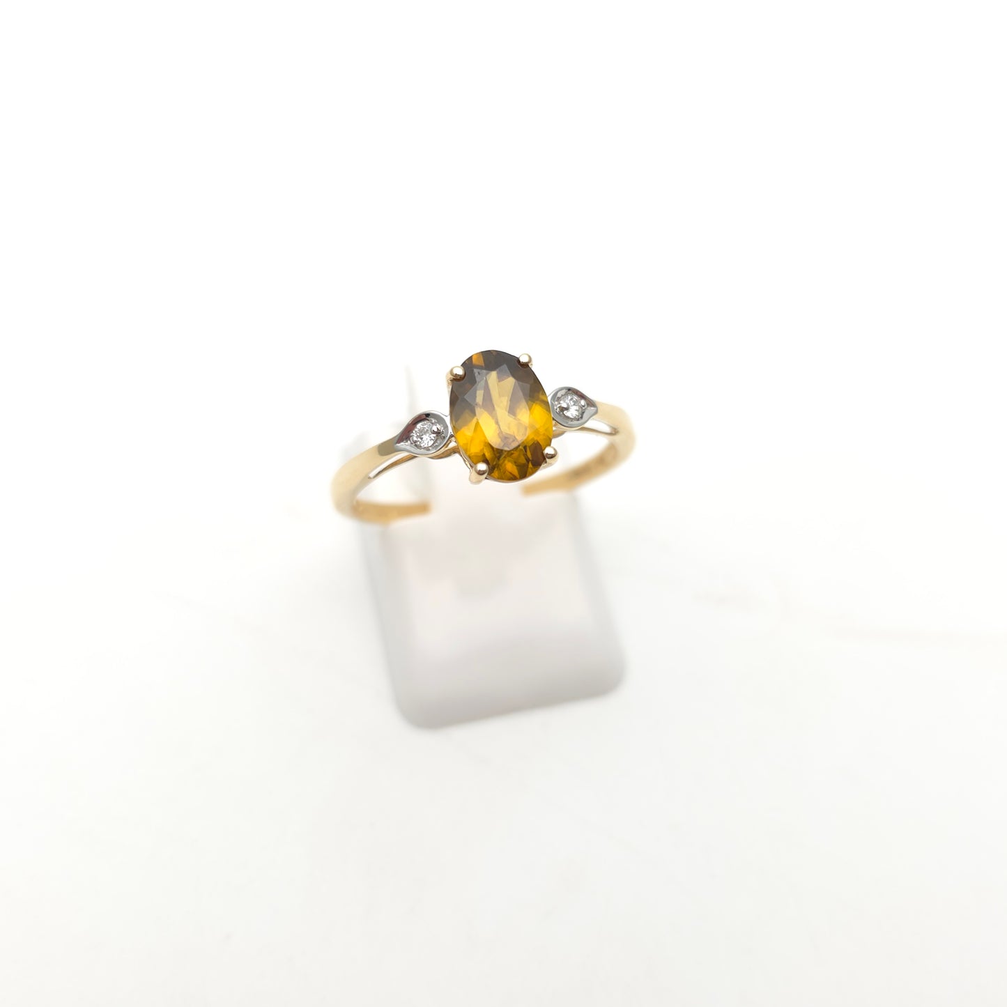 14ct Yellow Gold Oval Cut Golden Zircon and Diamond Trilogy Ring