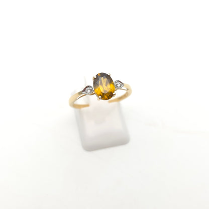 14ct Yellow Gold Oval Cut Golden Zircon and Diamond Trilogy Ring