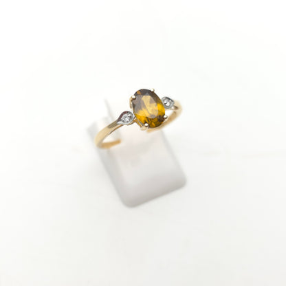 14ct Yellow Gold Oval Cut Golden Zircon and Diamond Trilogy Ring