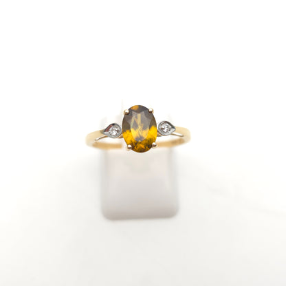 14ct Yellow Gold Oval Cut Golden Zircon and Diamond Trilogy Ring