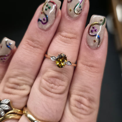 14ct Yellow Gold Oval Cut Golden Zircon and Diamond Trilogy Ring