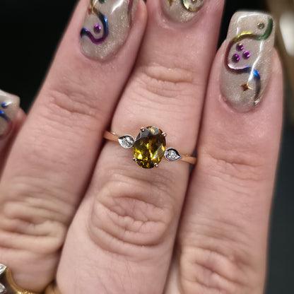 14ct Yellow Gold Oval Cut Golden Zircon and Diamond Trilogy Ring