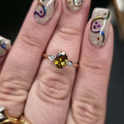 14ct Yellow Gold Oval Cut Golden Zircon and Diamond Trilogy Ring