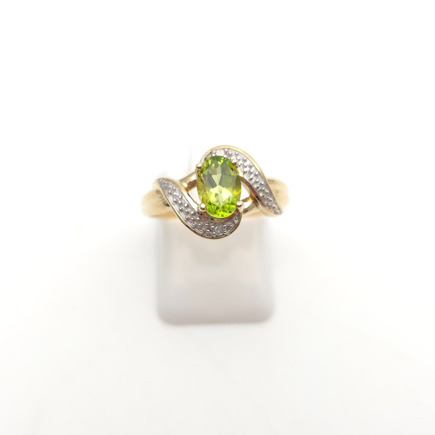 9ct Yellow Gold Oval Cut Peridot and Diamond Swirl / Crossover Ring