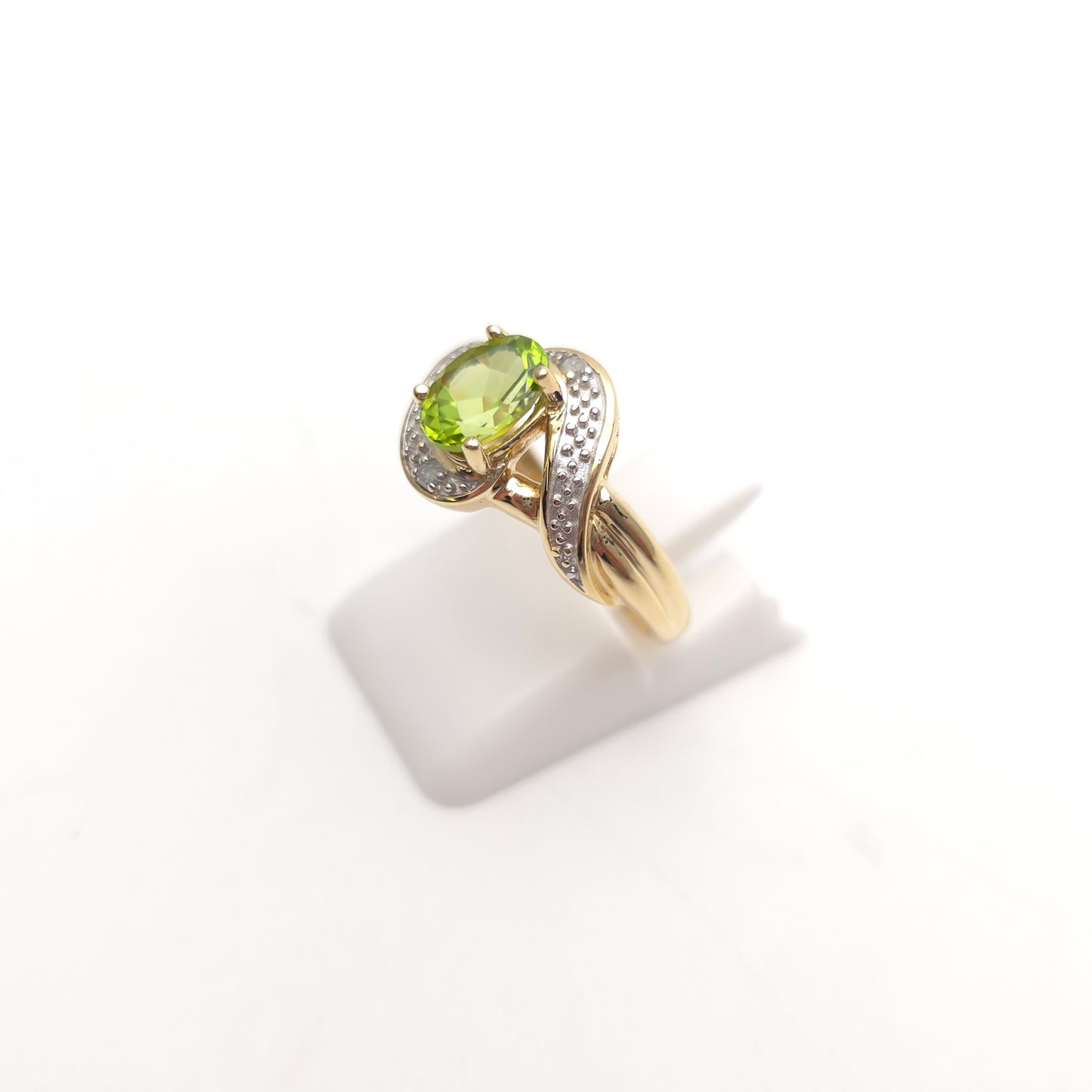 9ct Yellow Gold Oval Cut Peridot and Diamond Swirl / Crossover Ring