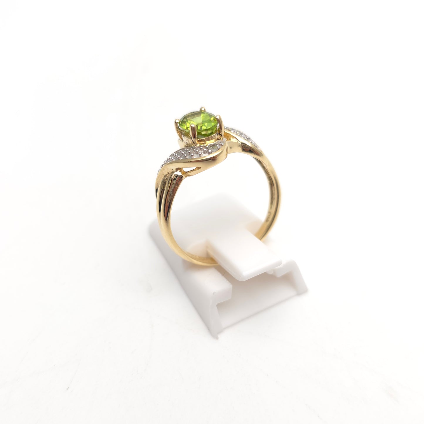 9ct Yellow Gold Oval Cut Peridot and Diamond Swirl / Crossover Ring