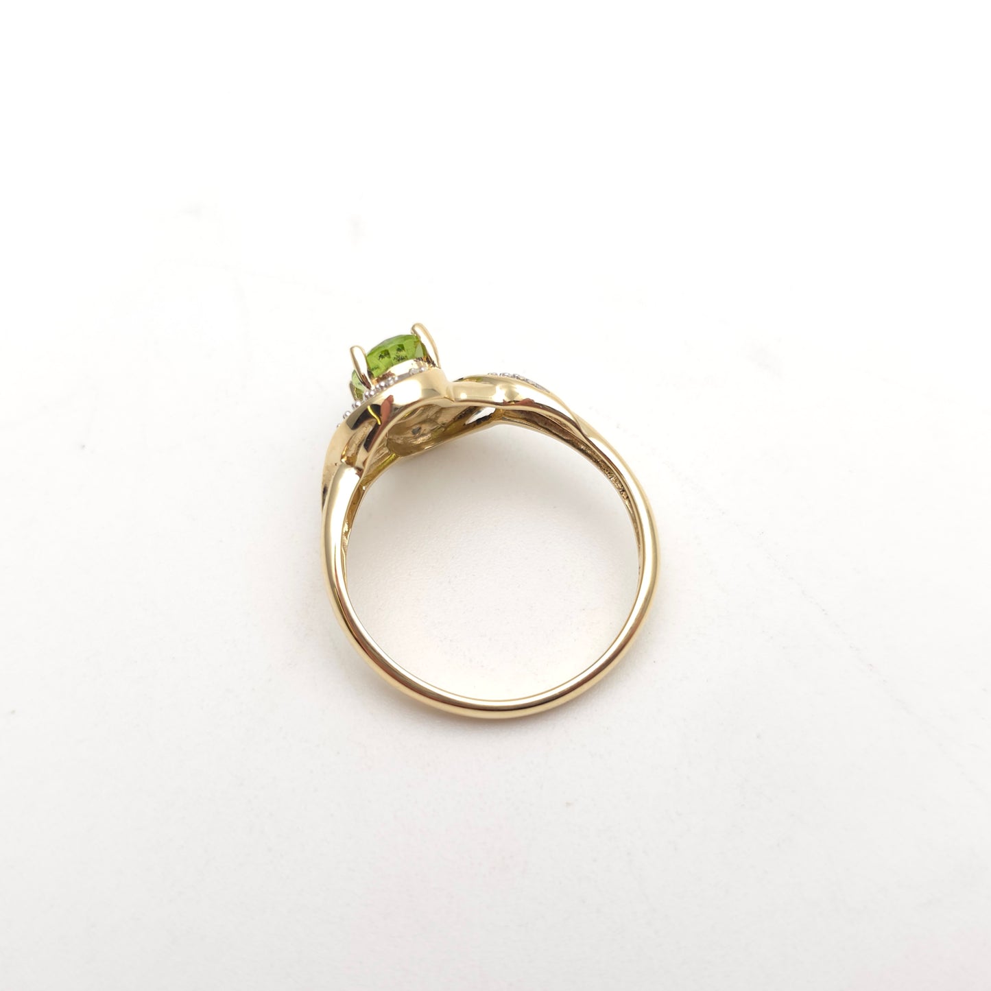 9ct Yellow Gold Oval Cut Peridot and Diamond Swirl / Crossover Ring