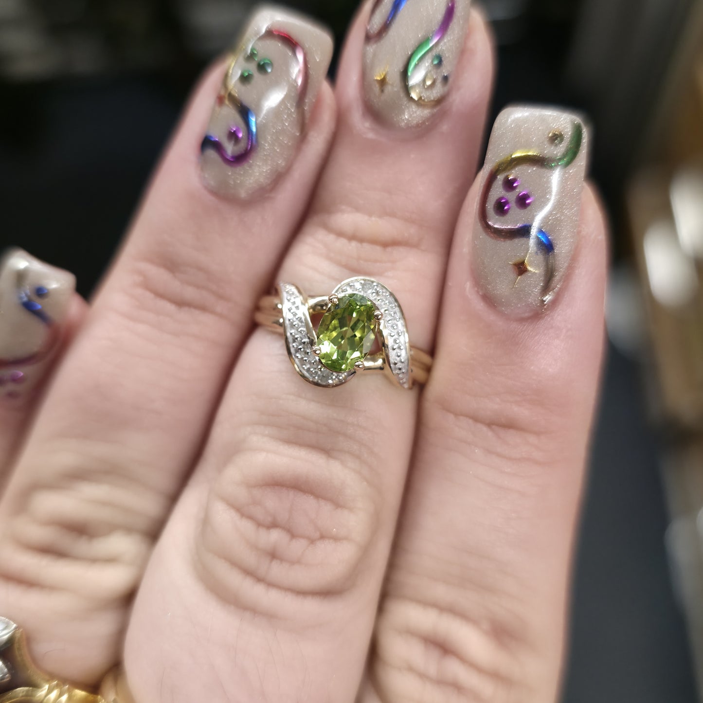 9ct Yellow Gold Oval Cut Peridot and Diamond Swirl / Crossover Ring