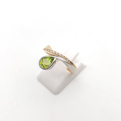 9ct Yellow Gold Diamond And White Gold Set Pear Cut Peridot Ring