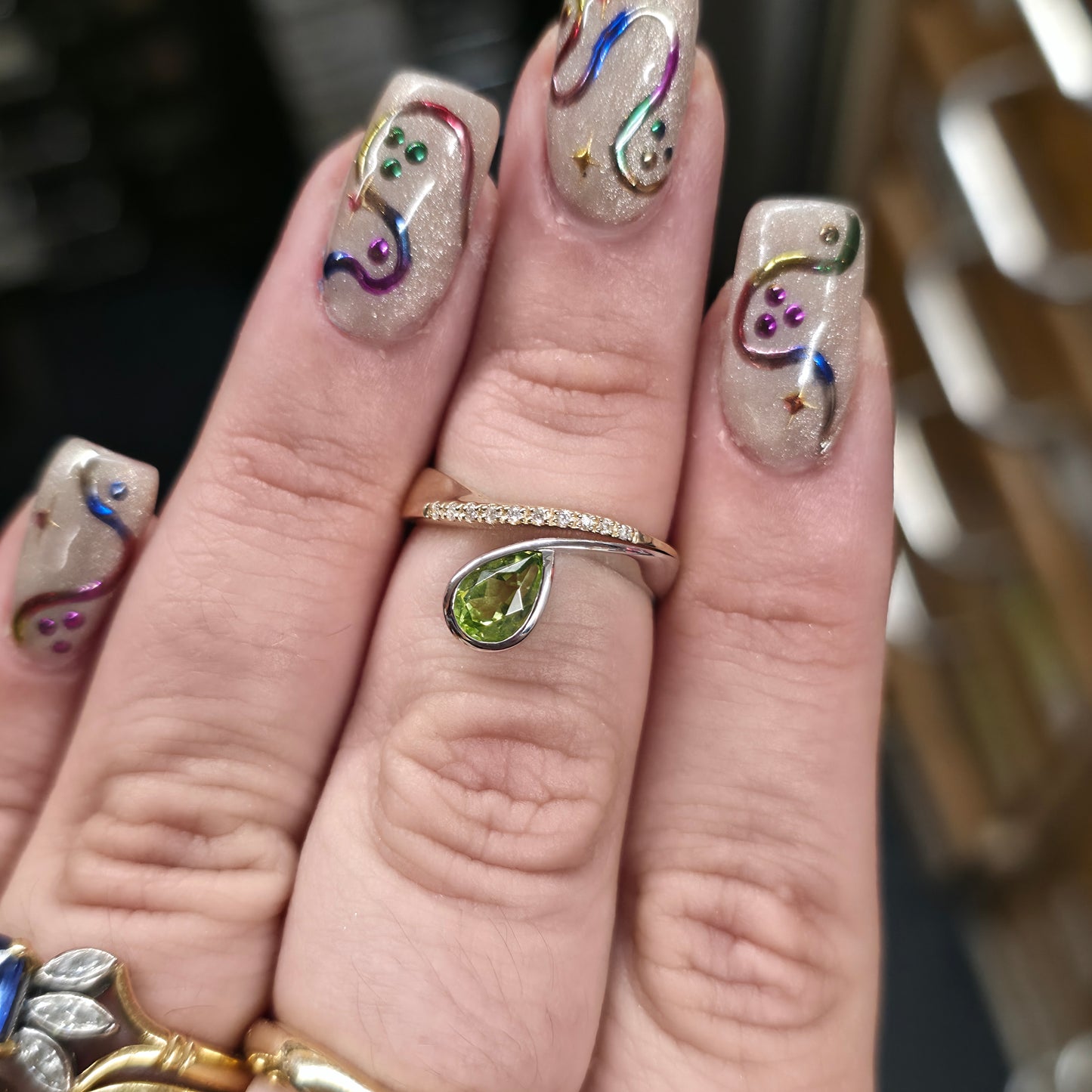 9ct Yellow Gold Diamond And White Gold Set Pear Cut Peridot Ring