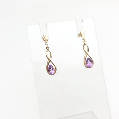 9ct Yellow Gold Lightweight Amethyst Figure 8 Drop Earrings