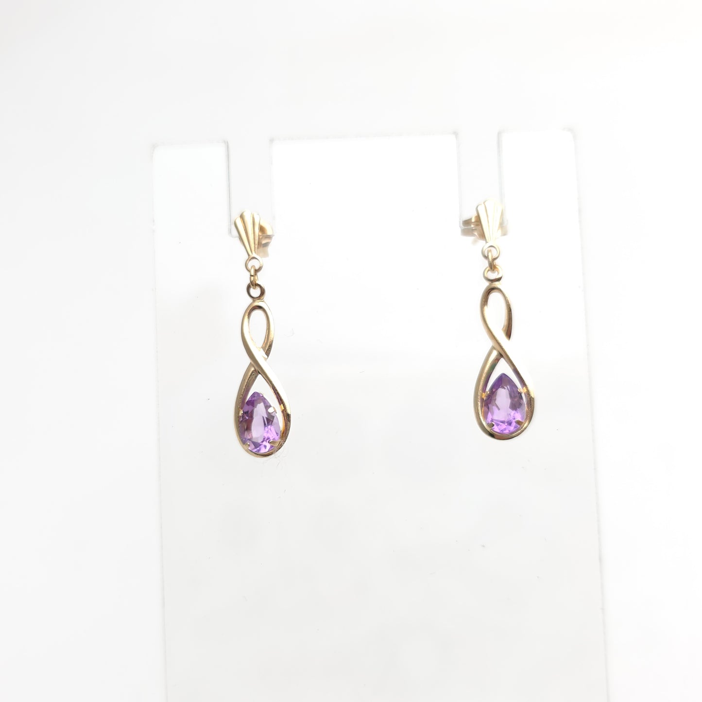 9ct Yellow Gold Lightweight Amethyst Figure 8 Drop Earrings
