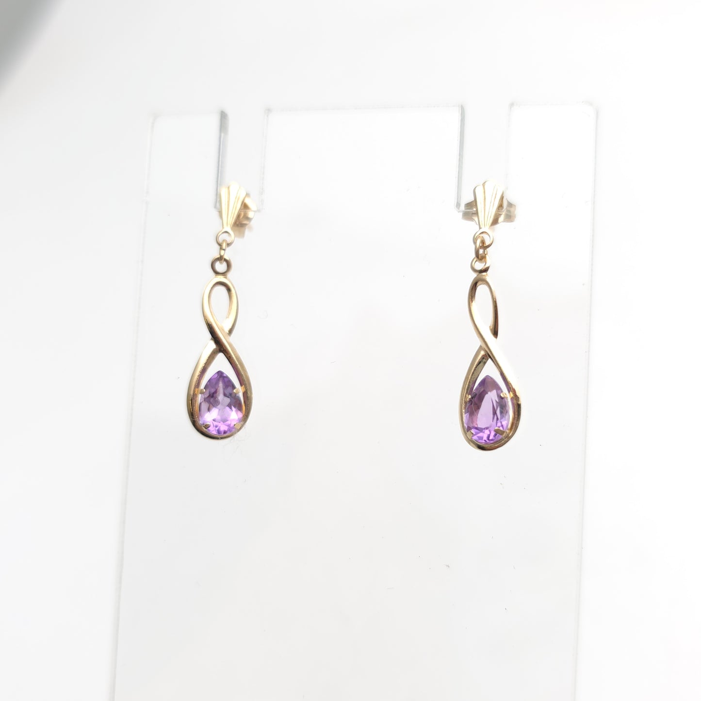 9ct Yellow Gold Lightweight Amethyst Figure 8 Drop Earrings