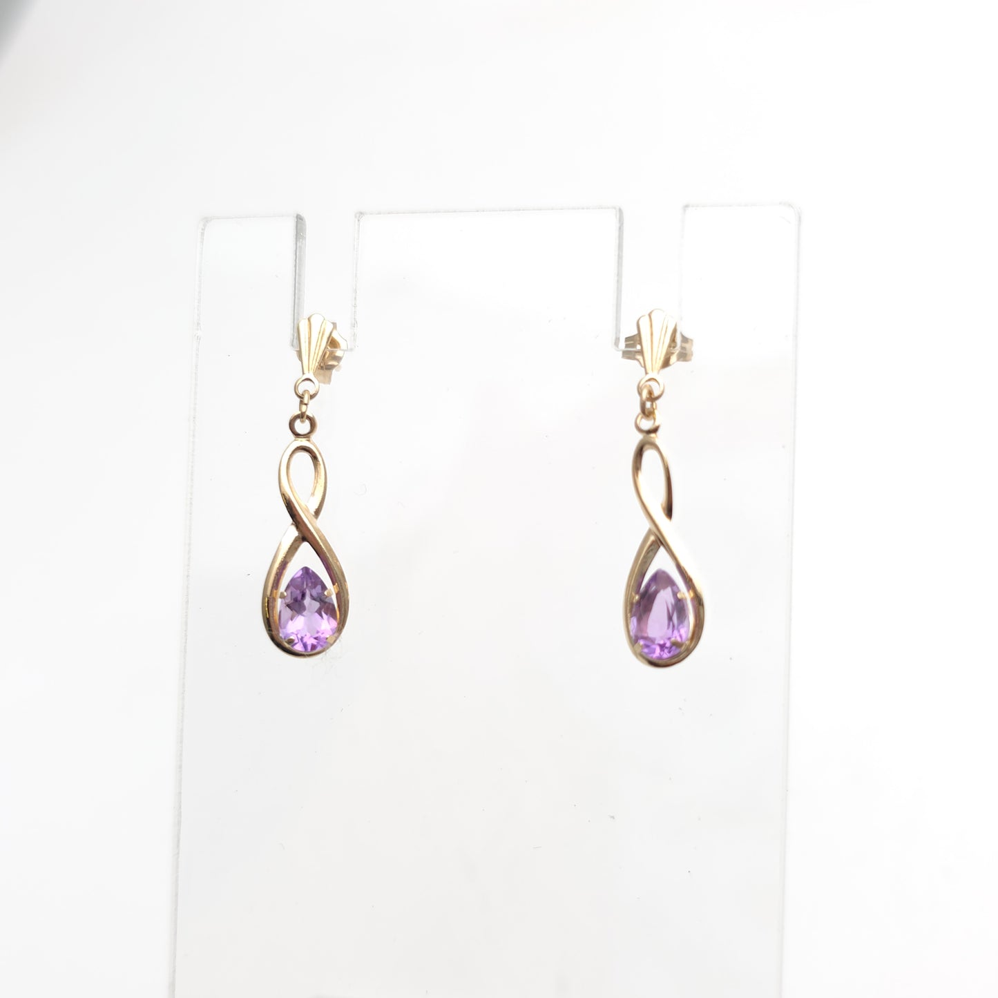 9ct Yellow Gold Lightweight Amethyst Figure 8 Drop Earrings