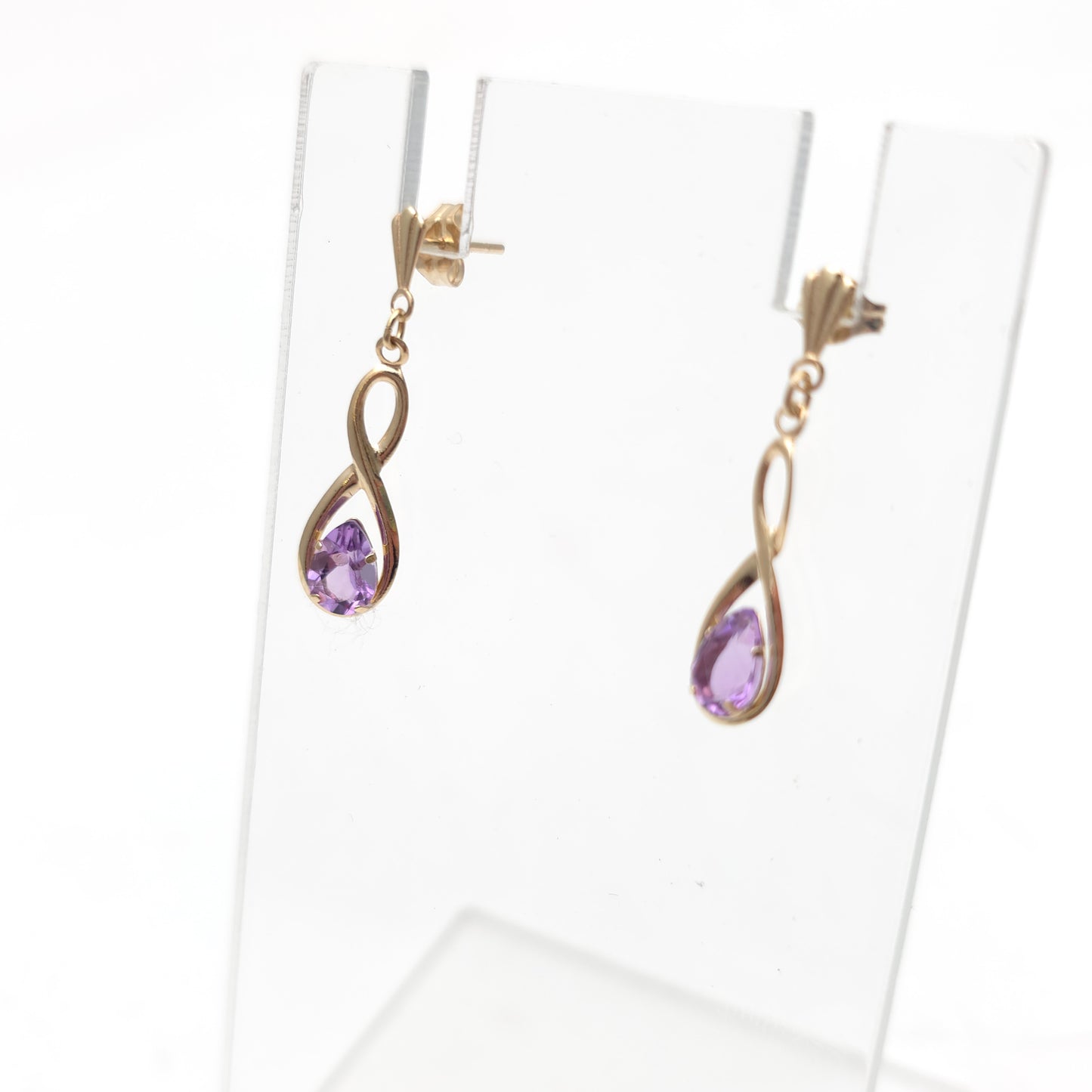 9ct Yellow Gold Lightweight Amethyst Figure 8 Drop Earrings