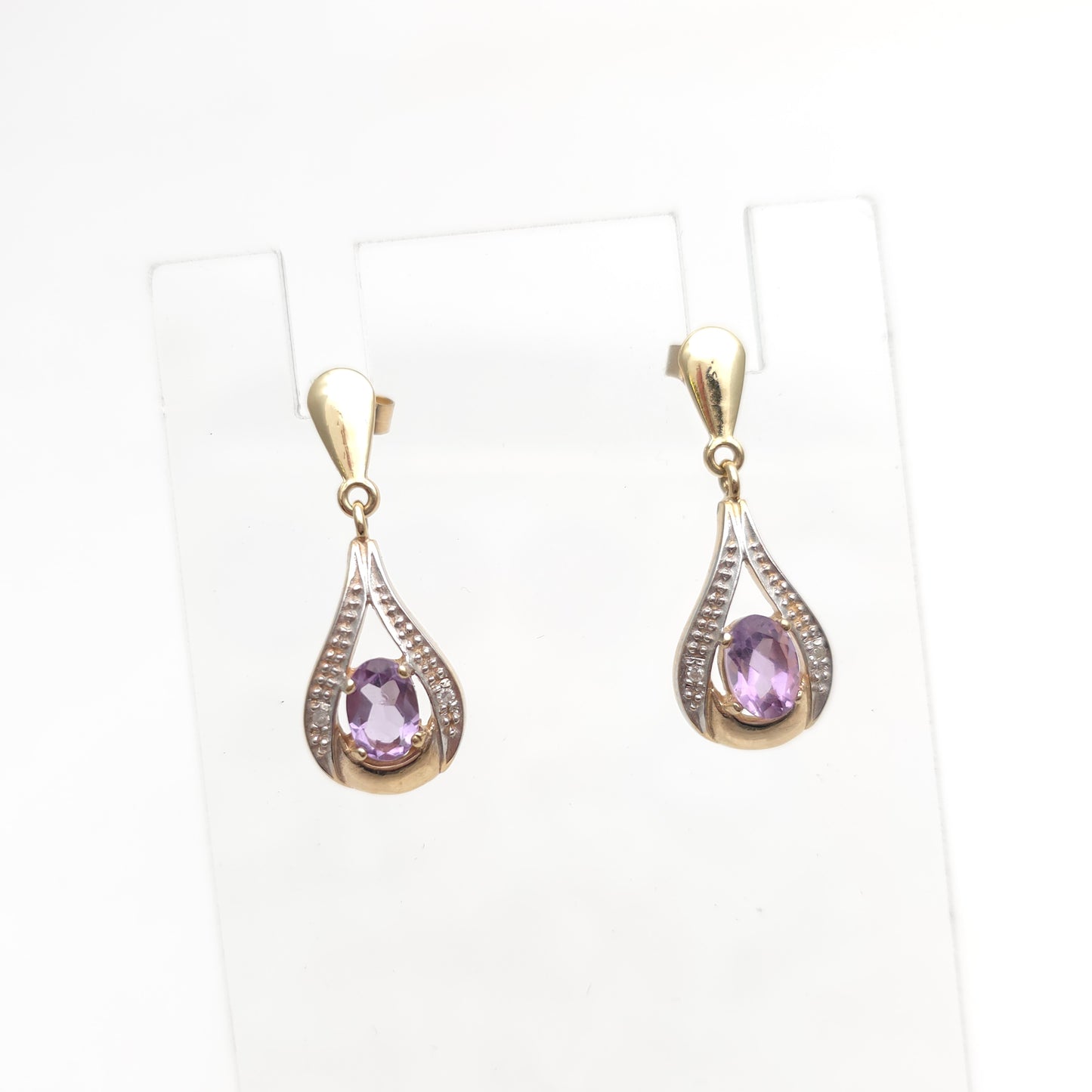 9ct Yellow Gold Oval Cut Amethyst And Diamond Teardrop Shaped Drop Earrings