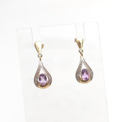 9ct Yellow Gold Oval Cut Amethyst And Diamond Teardrop Shaped Drop Earrings