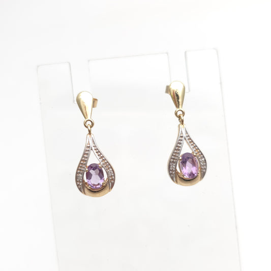 9ct Yellow Gold Oval Cut Amethyst And Diamond Teardrop Shaped Drop Earrings