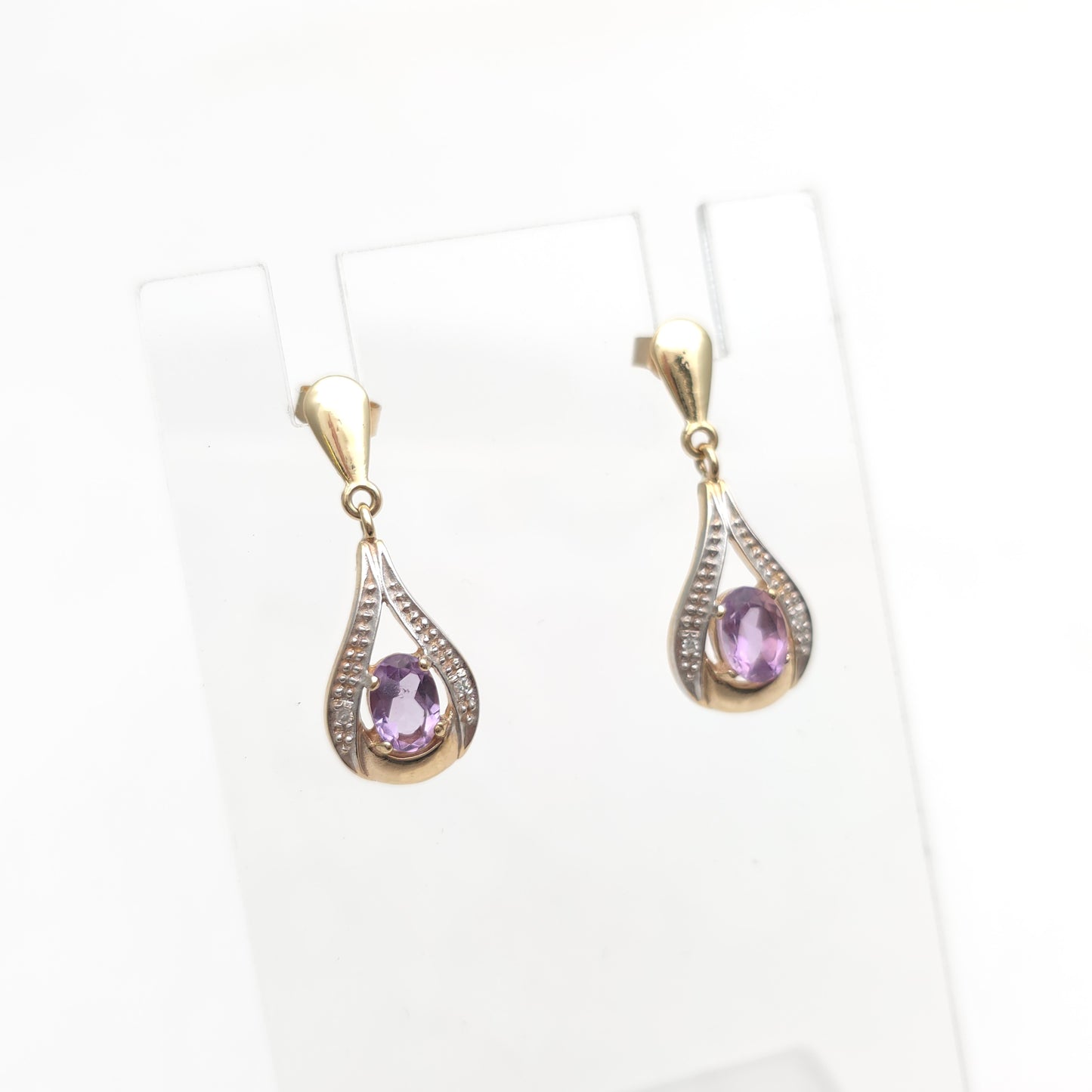 9ct Yellow Gold Oval Cut Amethyst And Diamond Teardrop Shaped Drop Earrings