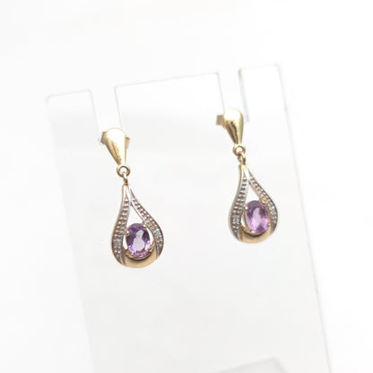 9ct Yellow Gold Oval Cut Amethyst And Diamond Teardrop Shaped Drop Earrings