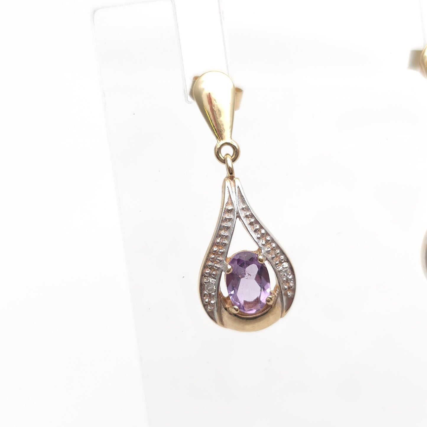9ct Yellow Gold Oval Cut Amethyst And Diamond Teardrop Shaped Drop Earrings