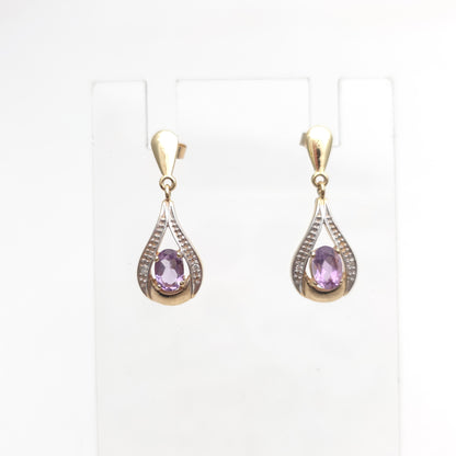 9ct Yellow Gold Oval Cut Amethyst And Diamond Teardrop Shaped Drop Earrings