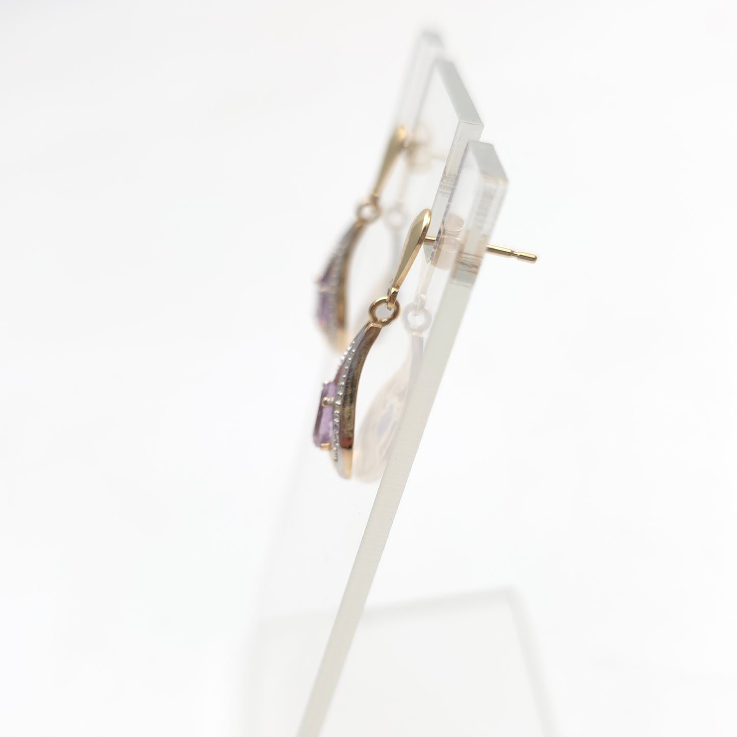 9ct Yellow Gold Oval Cut Amethyst And Diamond Teardrop Shaped Drop Earrings