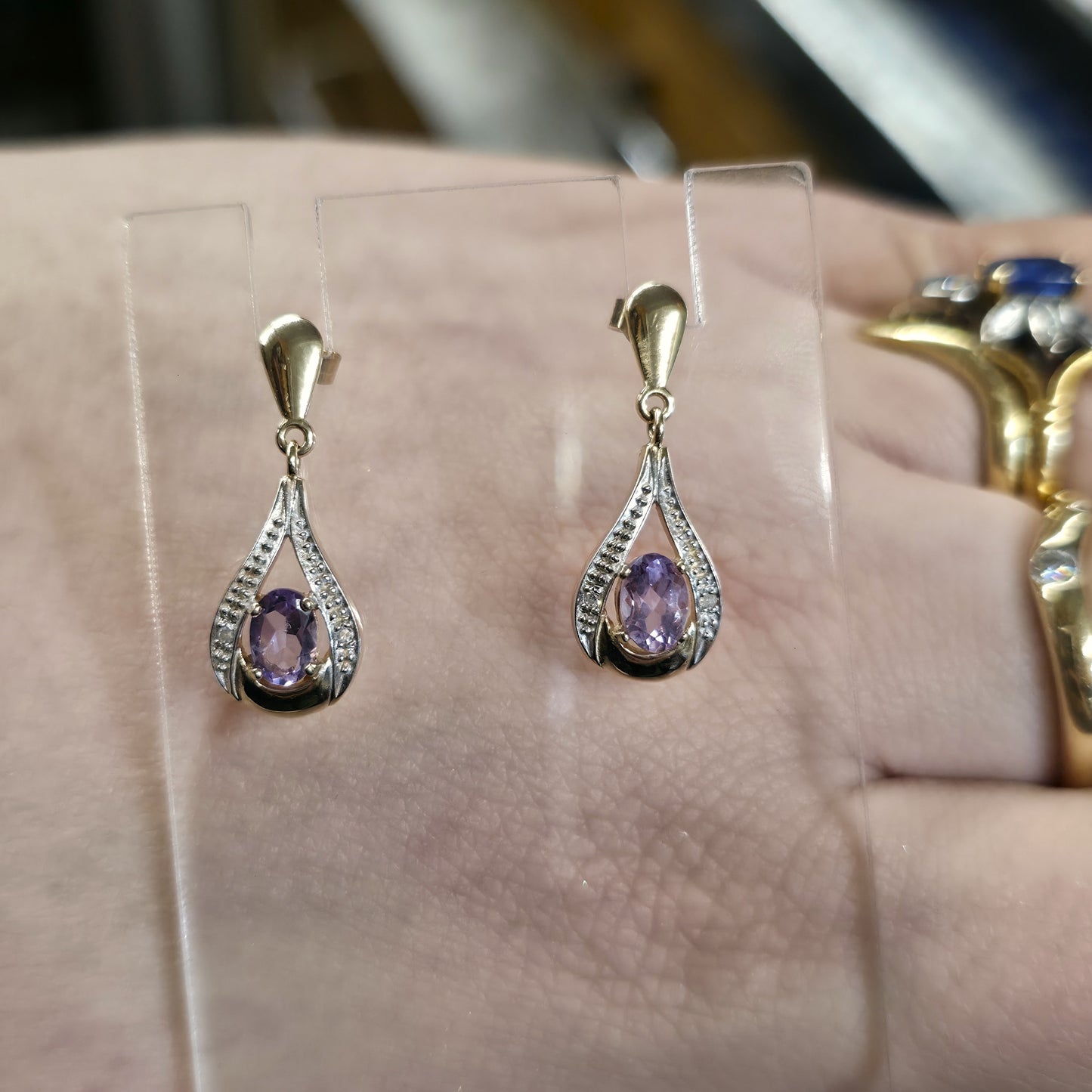 9ct Yellow Gold Oval Cut Amethyst And Diamond Teardrop Shaped Drop Earrings