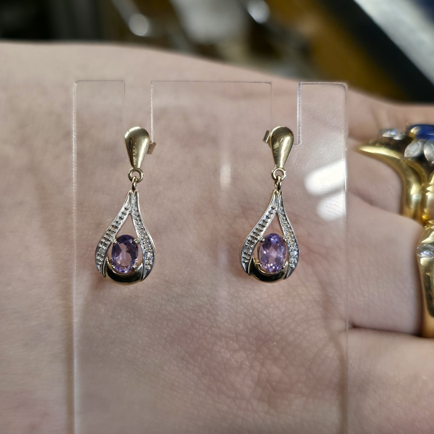 9ct Yellow Gold Oval Cut Amethyst And Diamond Teardrop Shaped Drop Earrings