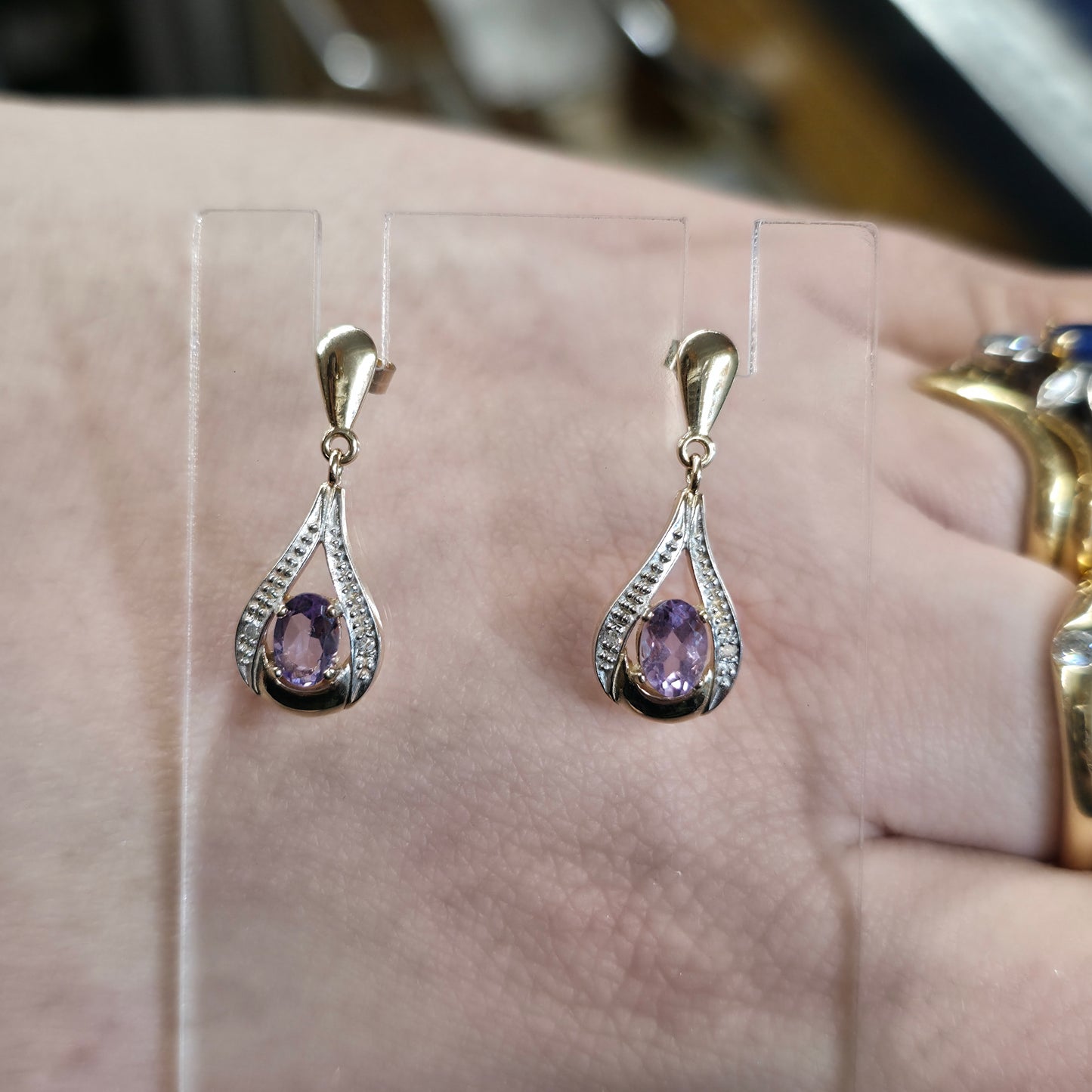 9ct Yellow Gold Oval Cut Amethyst And Diamond Teardrop Shaped Drop Earrings