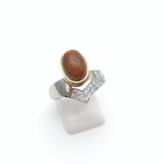 18ct White Gold Diamond and Yellow Gold Set Orange Boulder Opal Ring