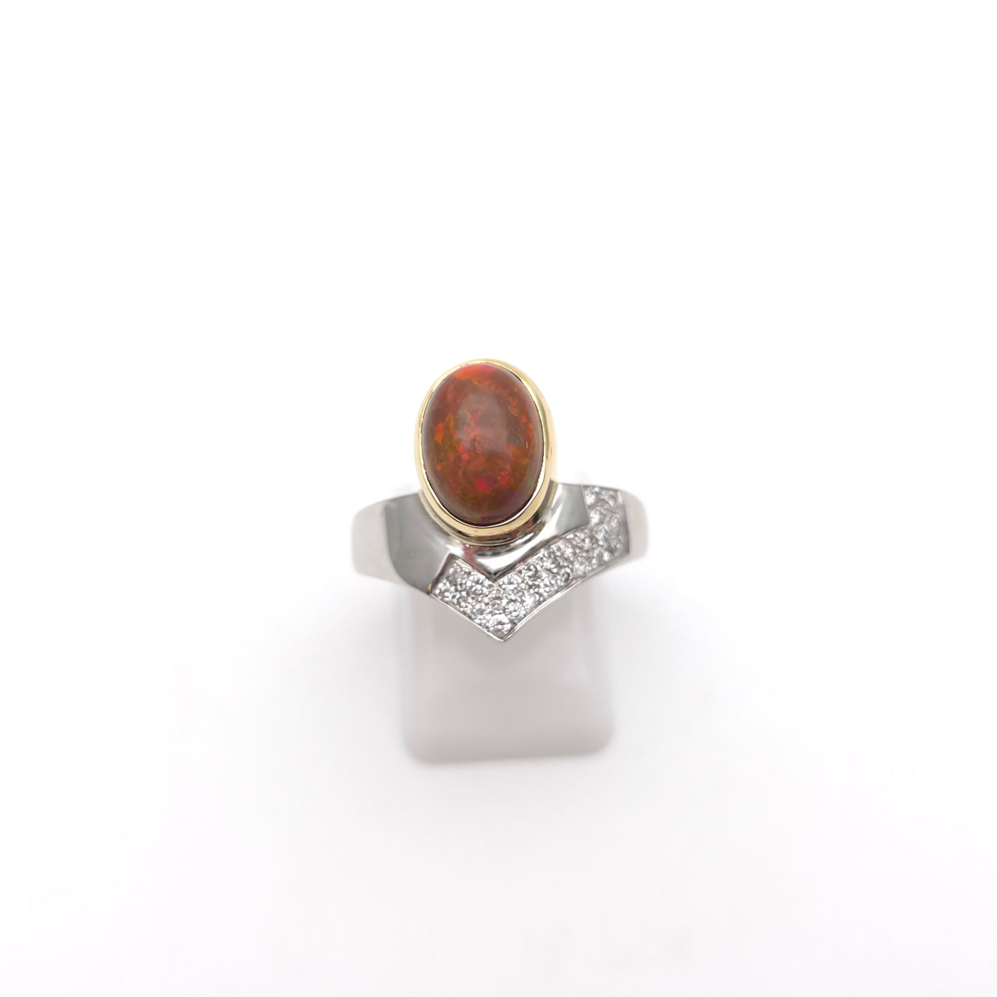 18ct White Gold Diamond and Yellow Gold Set Orange Boulder Opal Ring