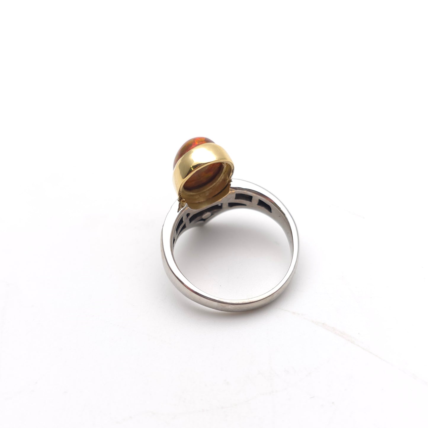 18ct White Gold Diamond and Yellow Gold Set Orange Boulder Opal Ring