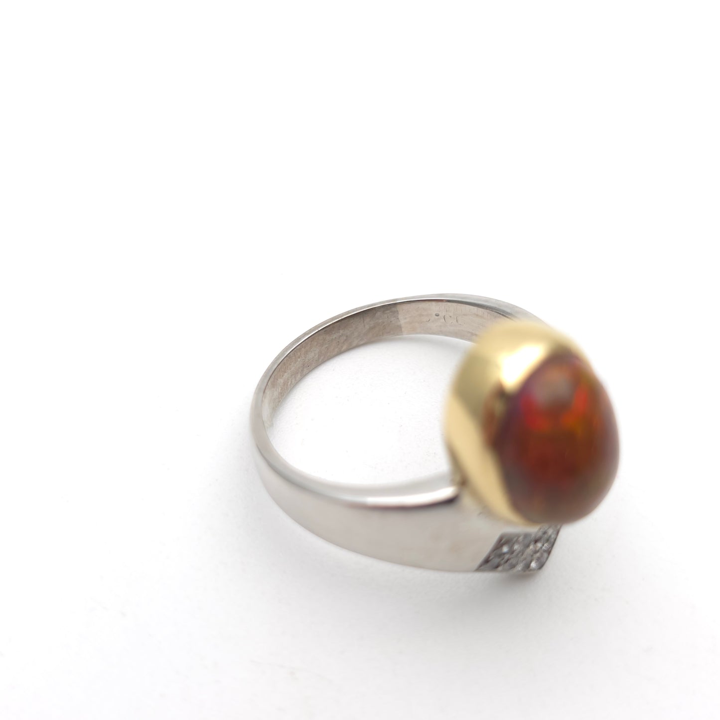 18ct White Gold Diamond and Yellow Gold Set Orange Boulder Opal Ring