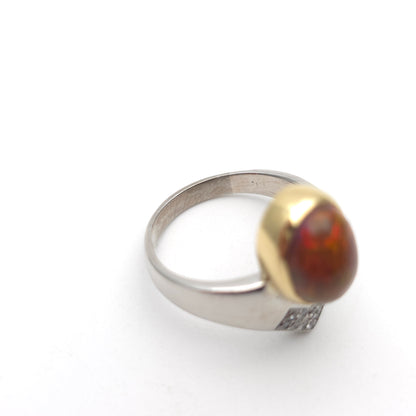 18ct White Gold Diamond and Yellow Gold Set Orange Boulder Opal Ring