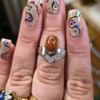 18ct White Gold Diamond and Yellow Gold Set Orange Boulder Opal Ring