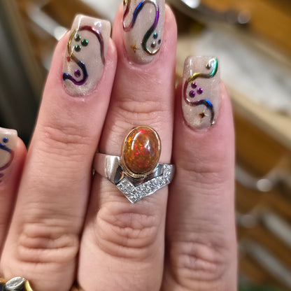 18ct White Gold Diamond and Yellow Gold Set Orange Boulder Opal Ring