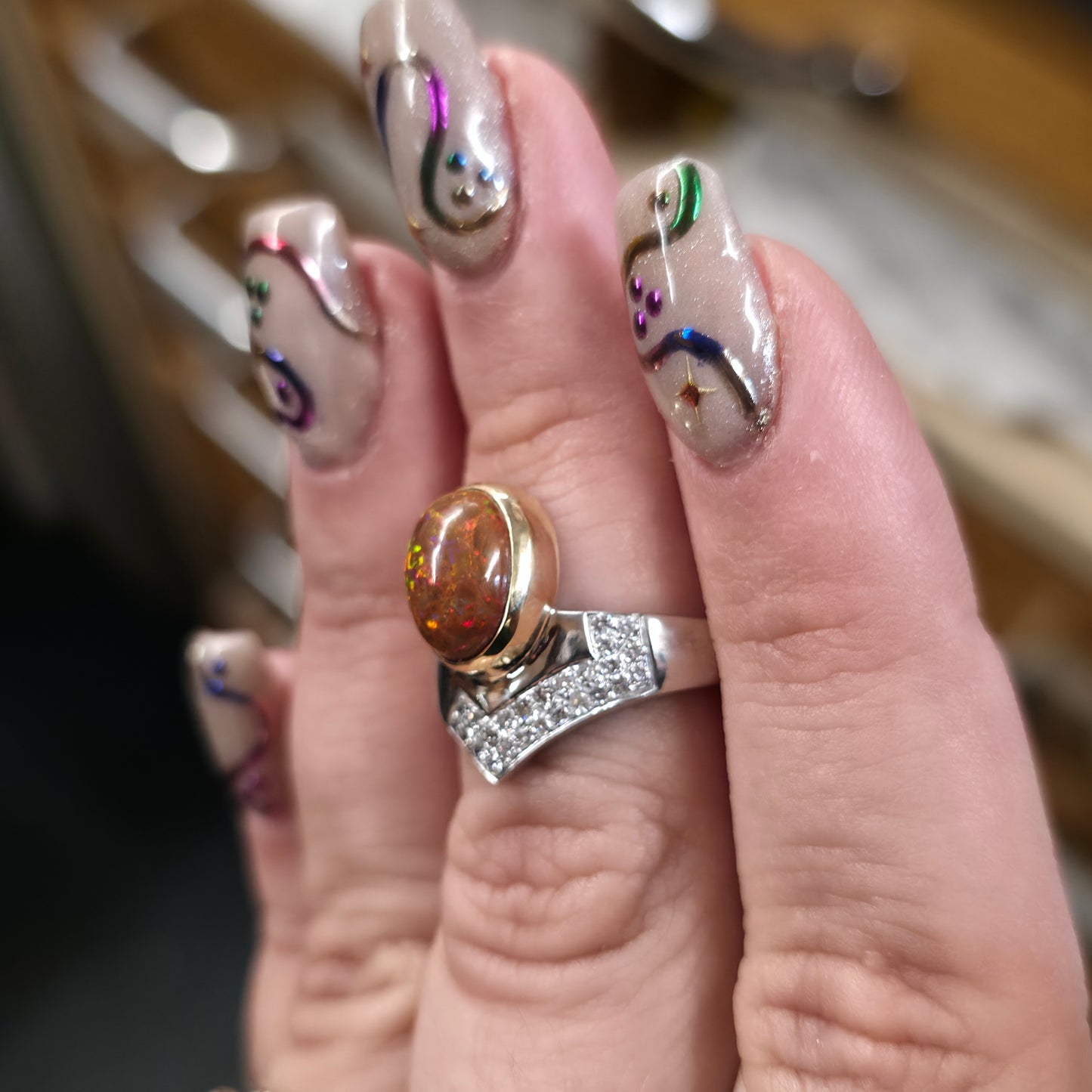 18ct White Gold Diamond and Yellow Gold Set Orange Boulder Opal Ring