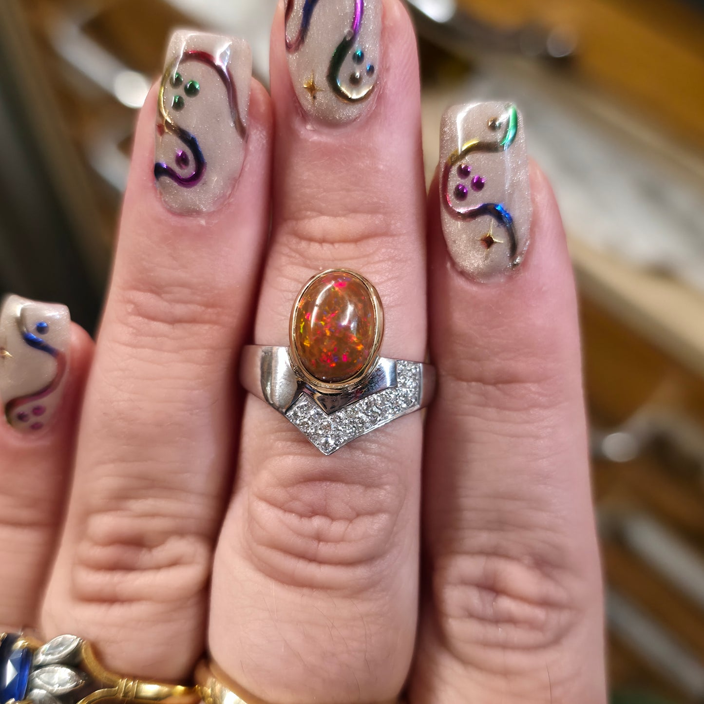 18ct White Gold Diamond and Yellow Gold Set Orange Boulder Opal Ring