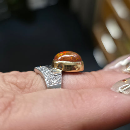 18ct White Gold Diamond and Yellow Gold Set Orange Boulder Opal Ring