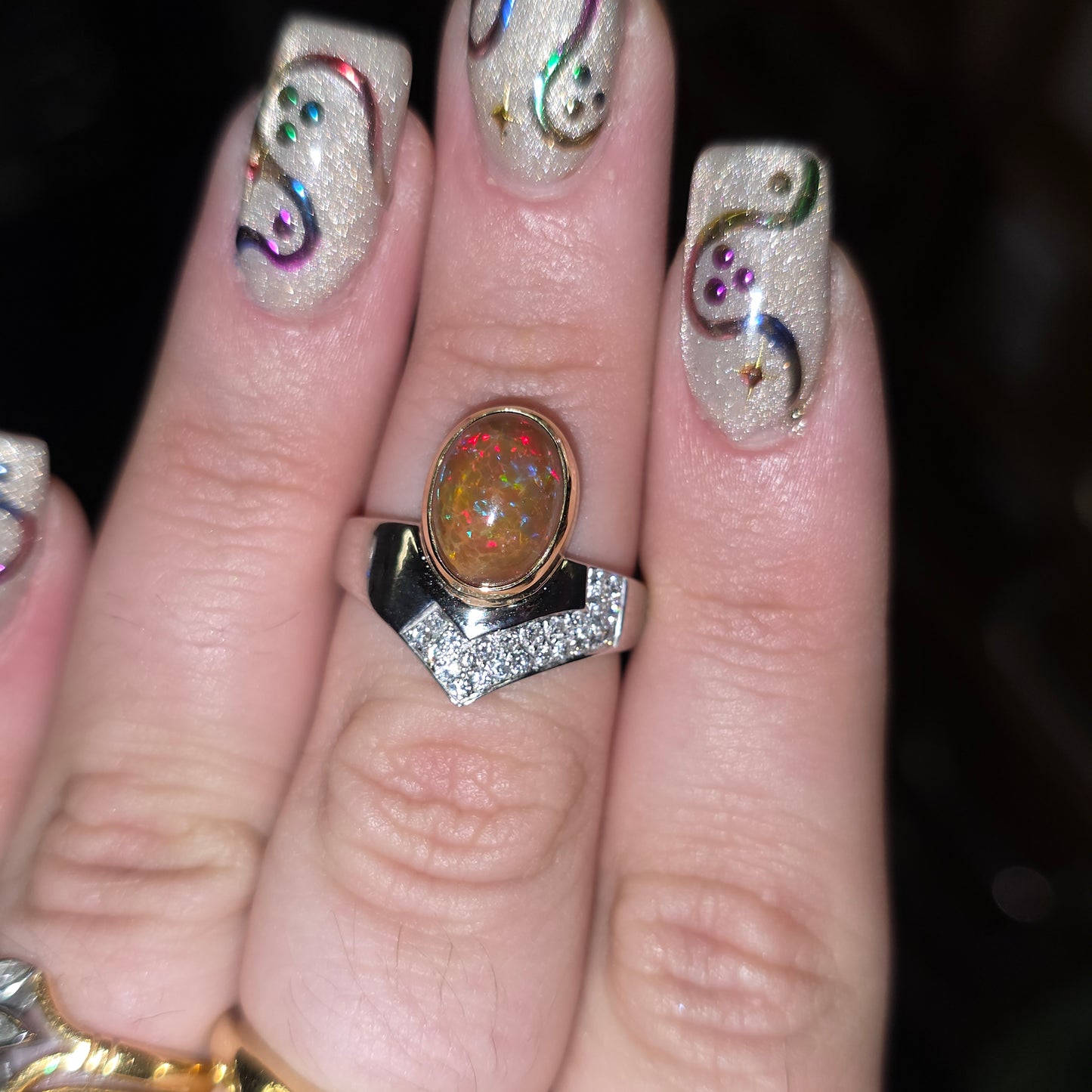 18ct White Gold Diamond and Yellow Gold Set Orange Boulder Opal Ring