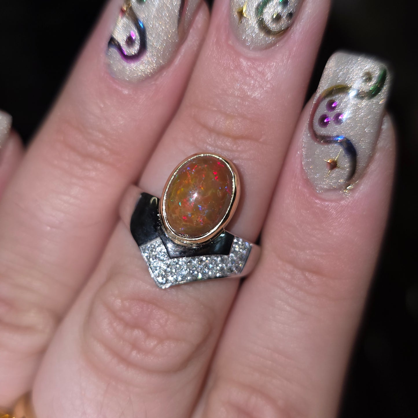 18ct White Gold Diamond and Yellow Gold Set Orange Boulder Opal Ring