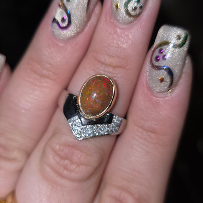 18ct White Gold Diamond and Yellow Gold Set Orange Boulder Opal Ring