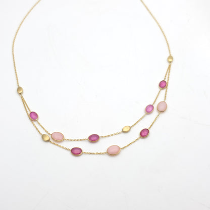 9ct Yellow Gold Ruby And Pink Stone Double Row Station Style Chain Necklace